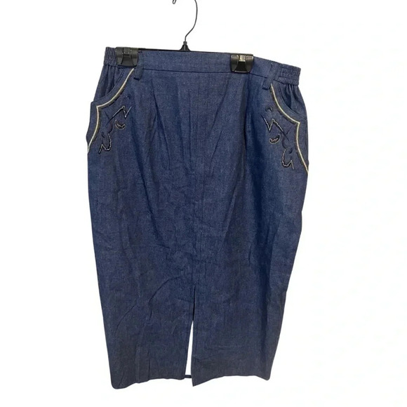 Vintage | Lucien Daunois Paris | Embroidered Denim Midi Skirt |  Size 44 - Picture 1 of 7